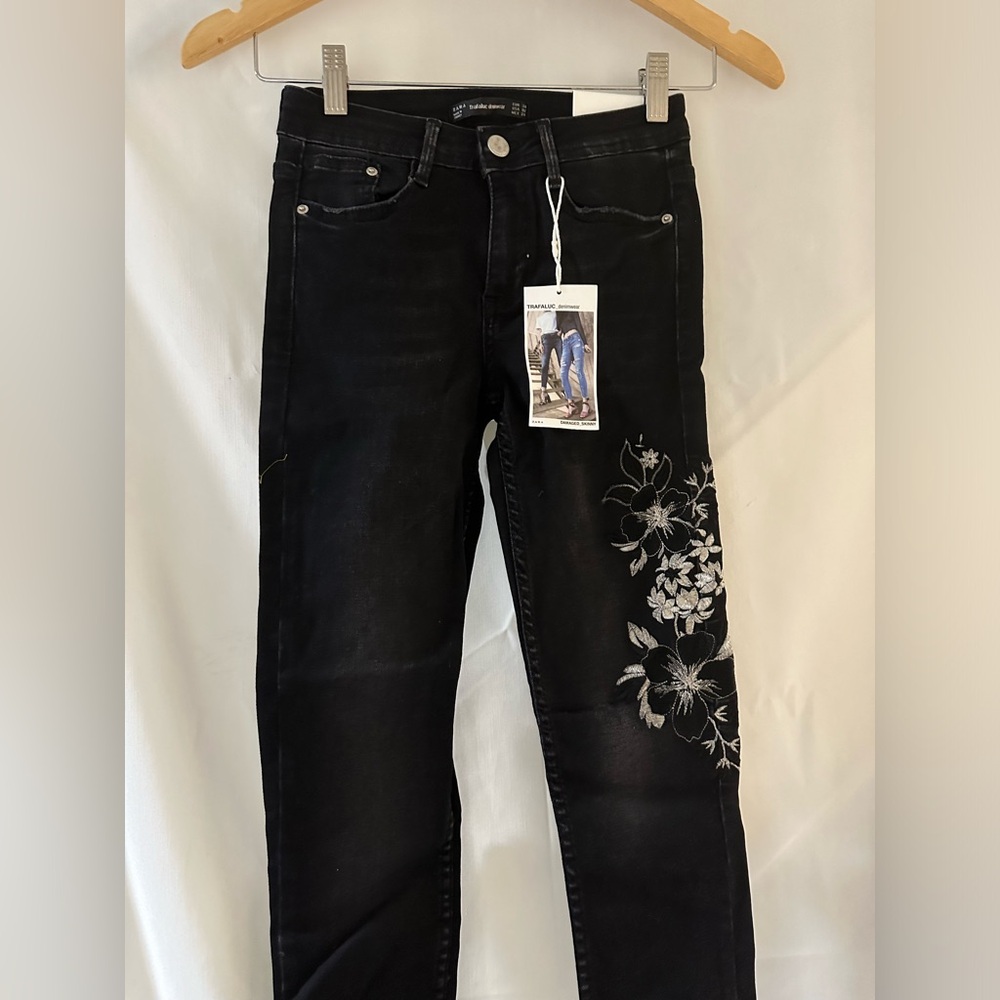 ZARA TRAFULUC TRF WOMAN Black Skinny Jeans Embroidered Floral US2 34 Y2K Vintage